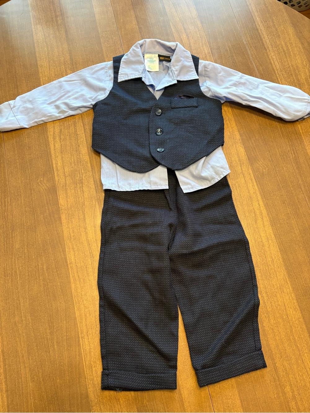 3-Piece Navy Textured Boys Suit Set with Light Blue Shirt